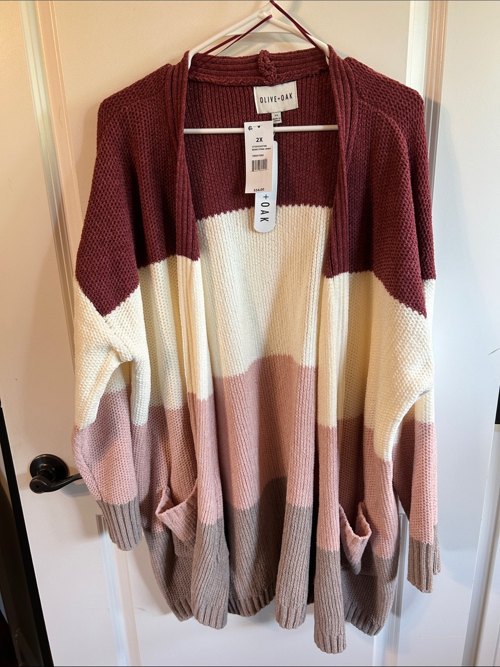 Olive & Oak Colorblock Open Front Cardigan - Burgundy, Cream, Blush, Taupe